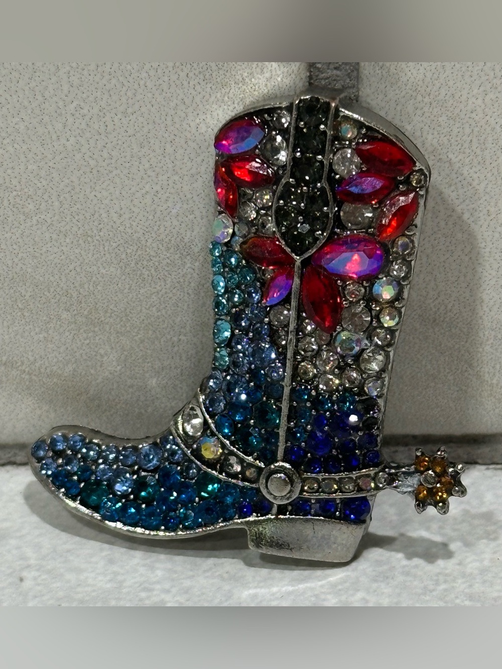 Brooch- Rhinestone Cowboy Boot Brooch Red White Blue Western Boot Pin